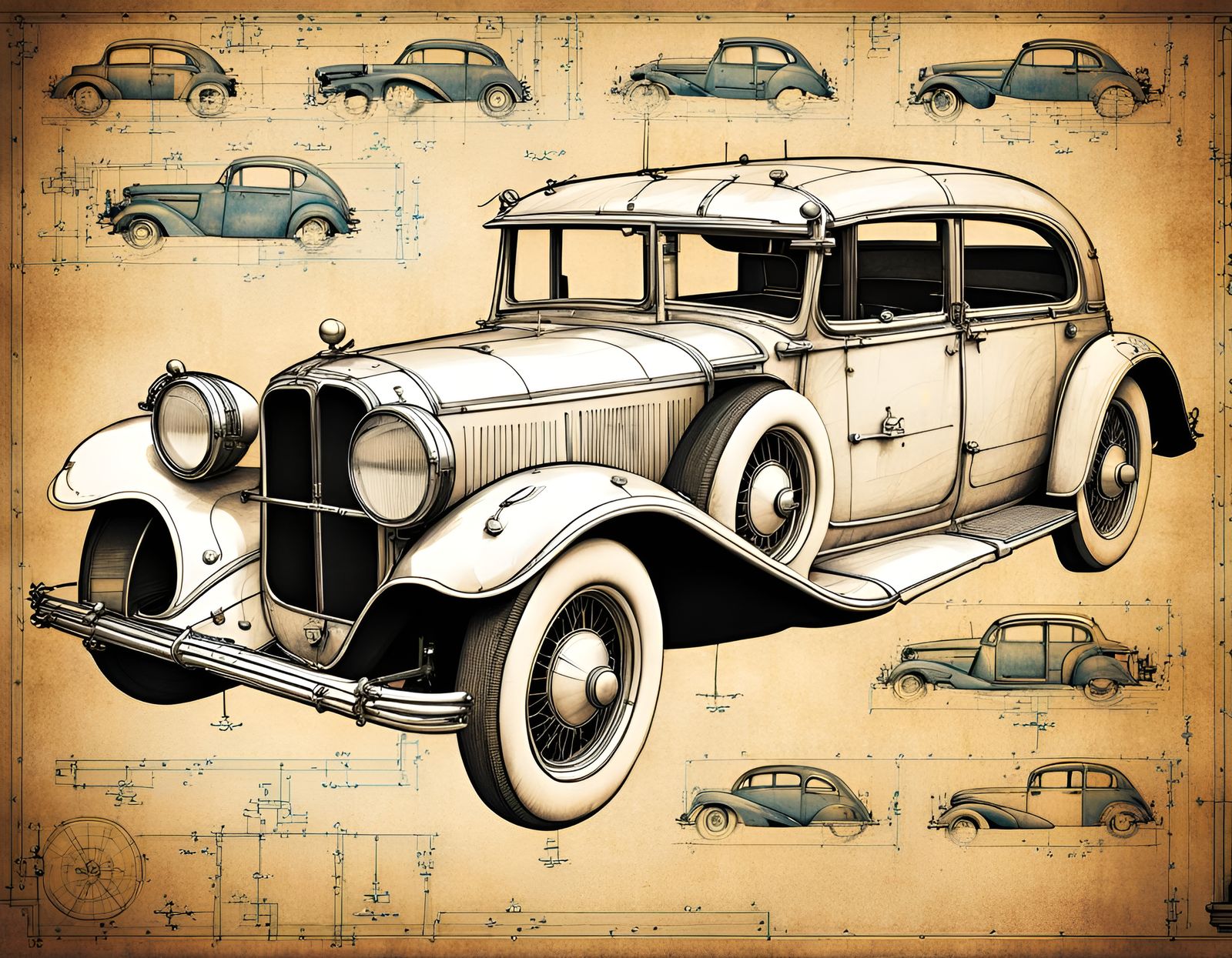 Detailed Car Blueprint Drawing in Semi-Realism