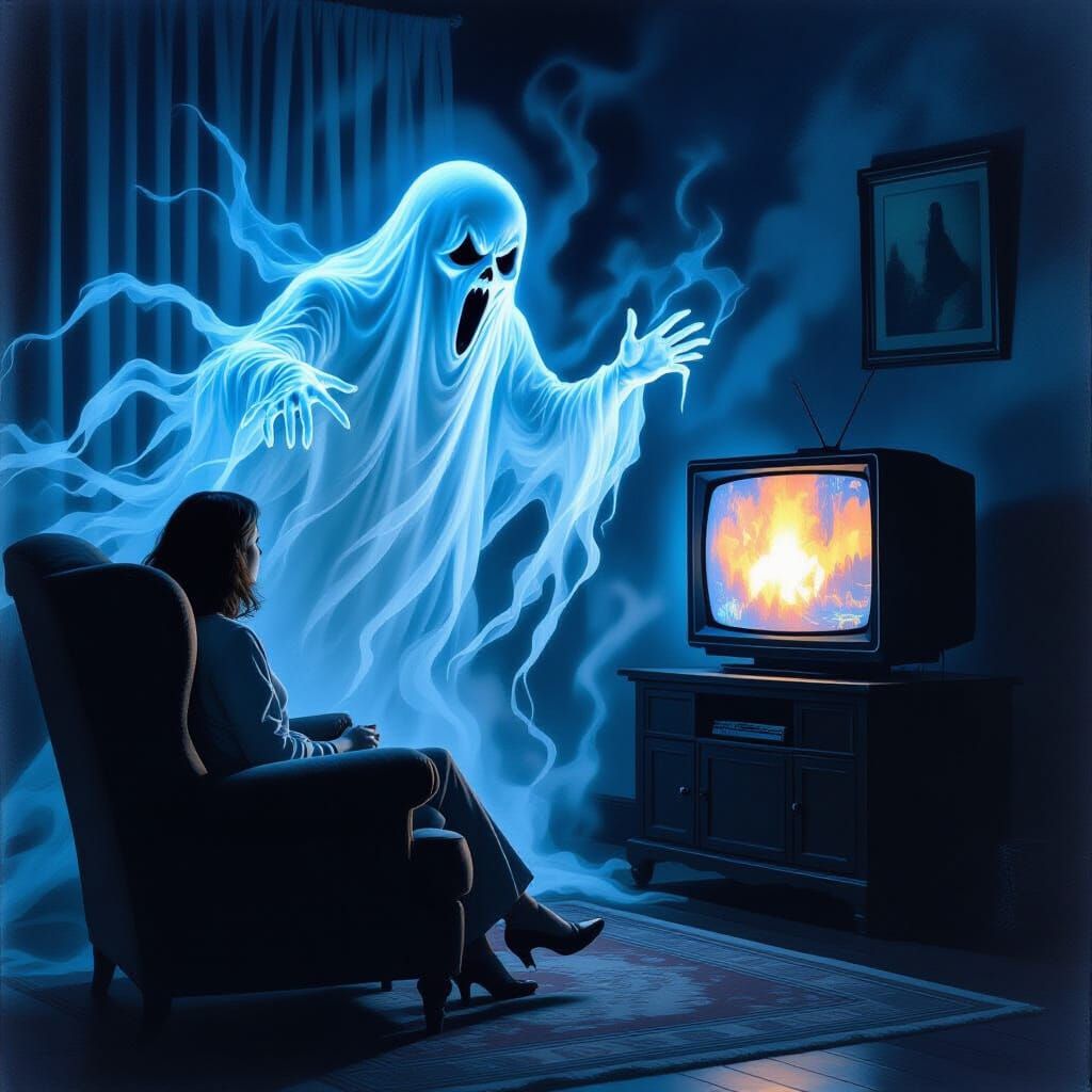 Ethereal Ghost Haunts Couple Watching TV in Gothic Horror St...