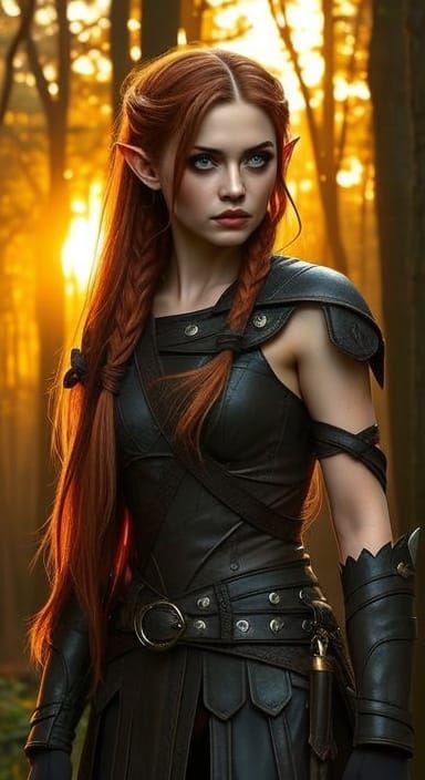 Elf Adventurer in Ancient Forest at Sunset