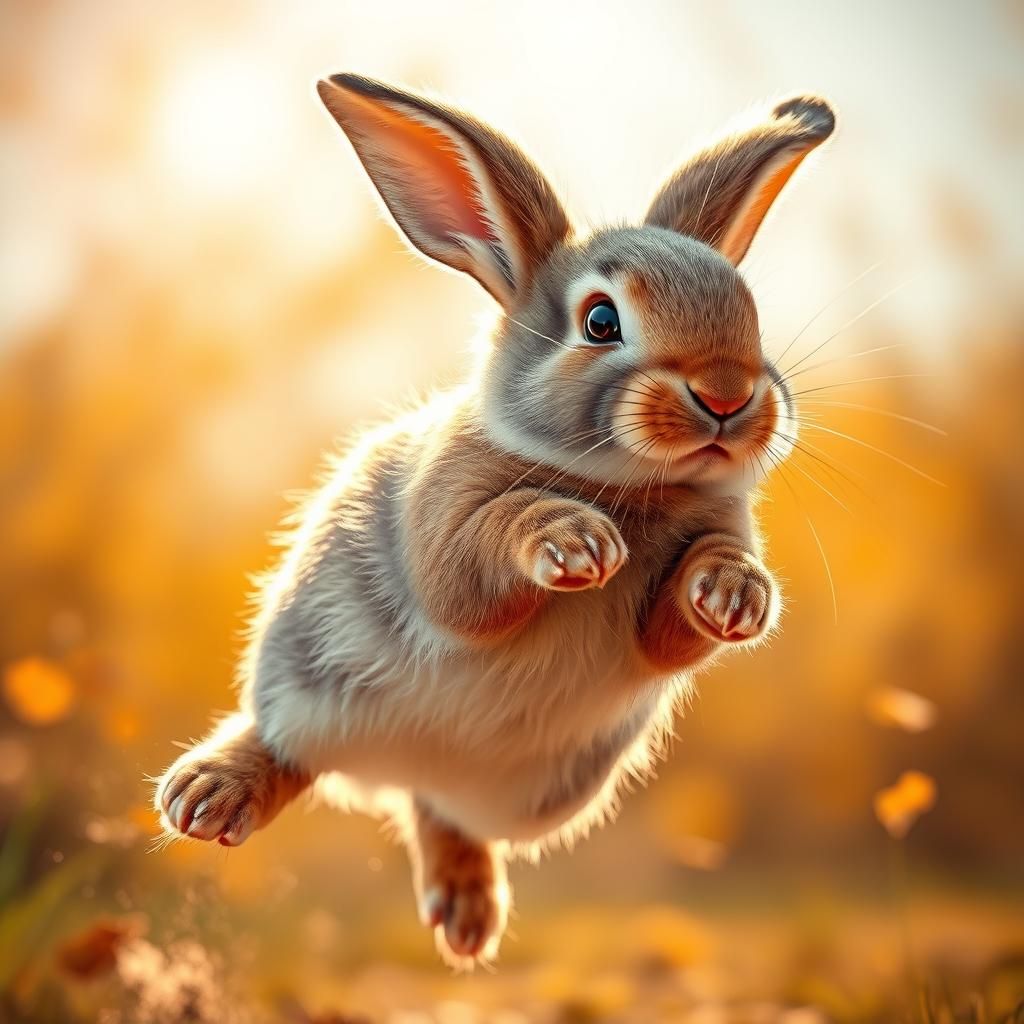 Hyperrealistic Bunny Mid-Jump in Radiant Sunlight