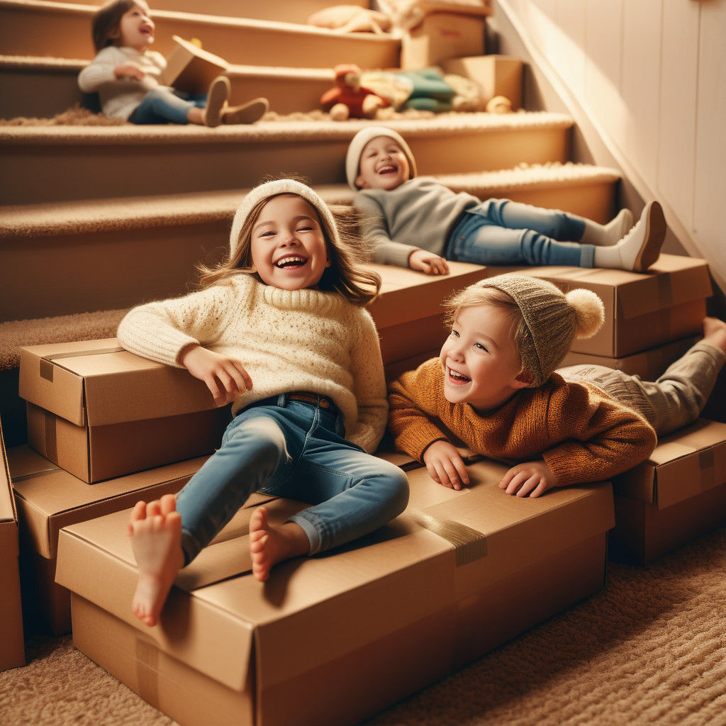 Joyful Children Sledding Down Stairs in a Vintage Whimsical...