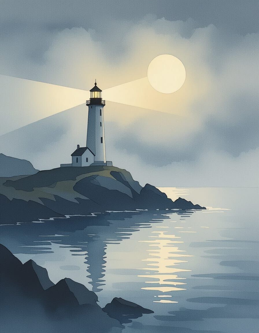 Lighthouse Beam Piercing Ethereal Fog Over Calm Sea