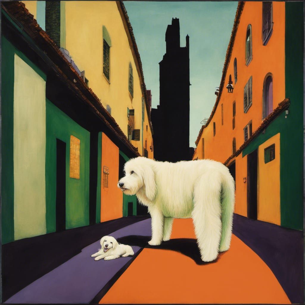 Green Volkswagen Beetle violet sky Giant Woman high above buildings shaggy white sheepdog driving Canaletto Amanda Sage