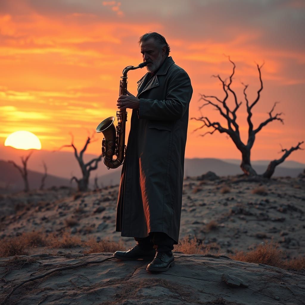Jazz Musician's Sunset Lament: Hyperrealistic Barren Landsca...