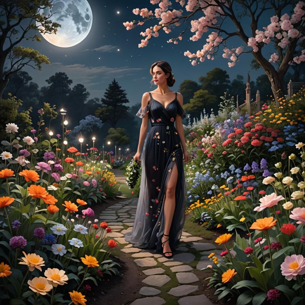 Woman Strolls Through Midnight Flower Garden