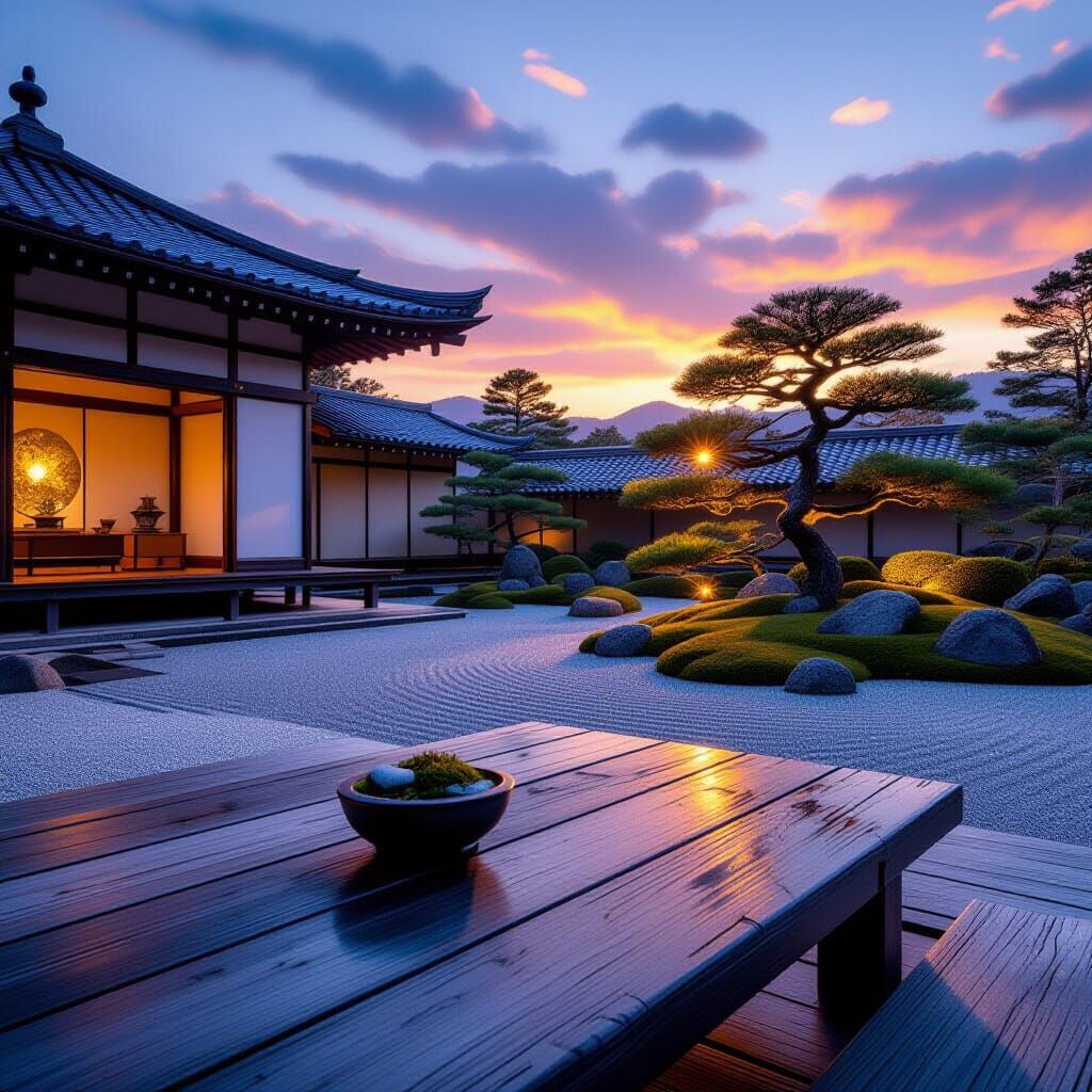 Serene Zen Garden at Sunset, Realistic Photo