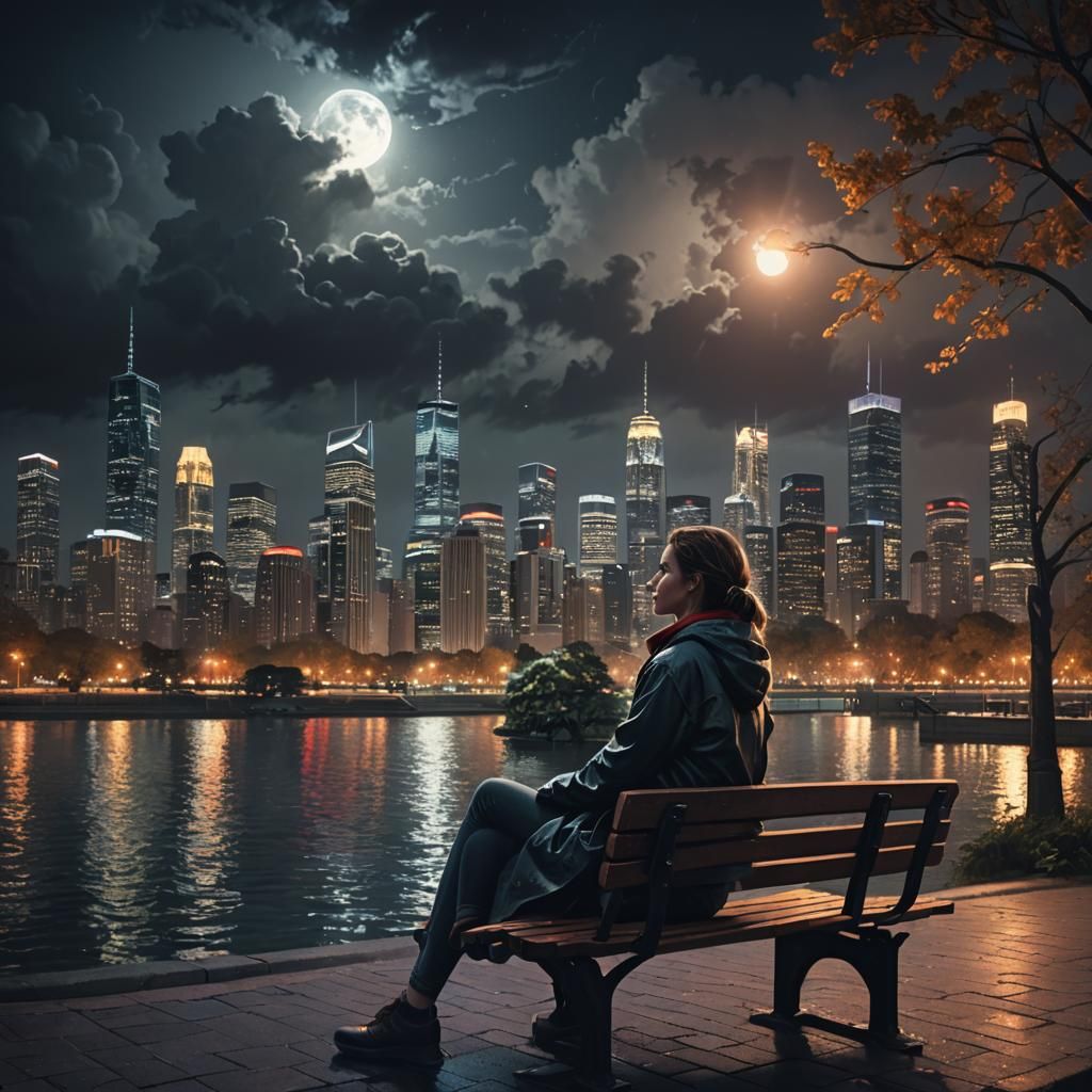 City Nightscape: Woman on Park Bench in Splash Art