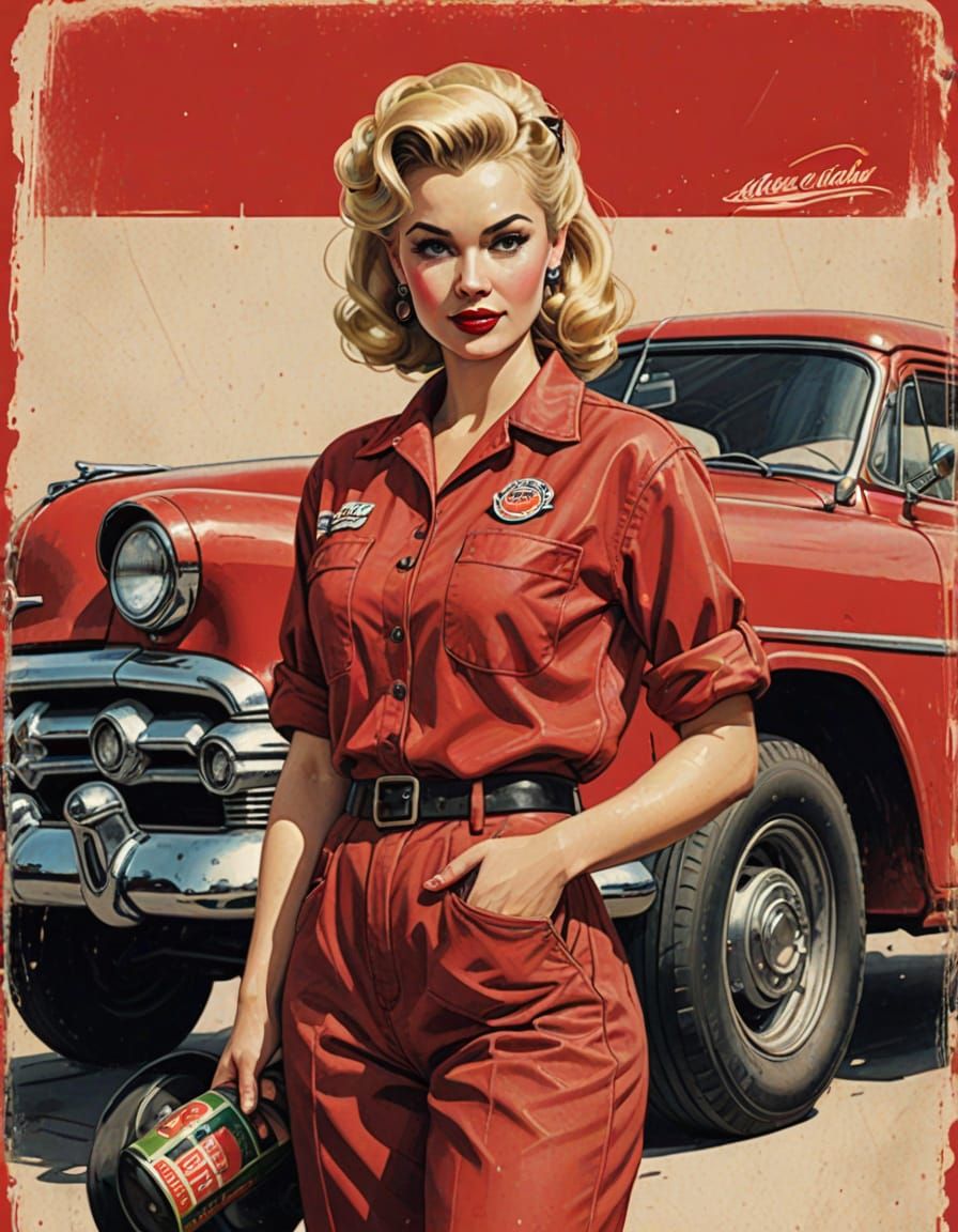 Pin-Up Girl Mechanic in 1950s Style