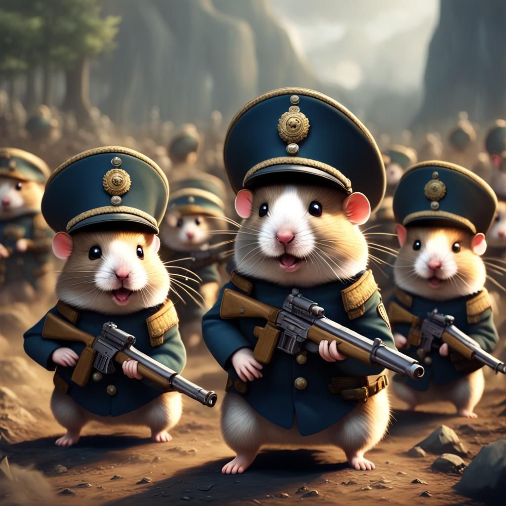Hamster Soldiers Marching on Battlefield, Detailed Matte Pai...