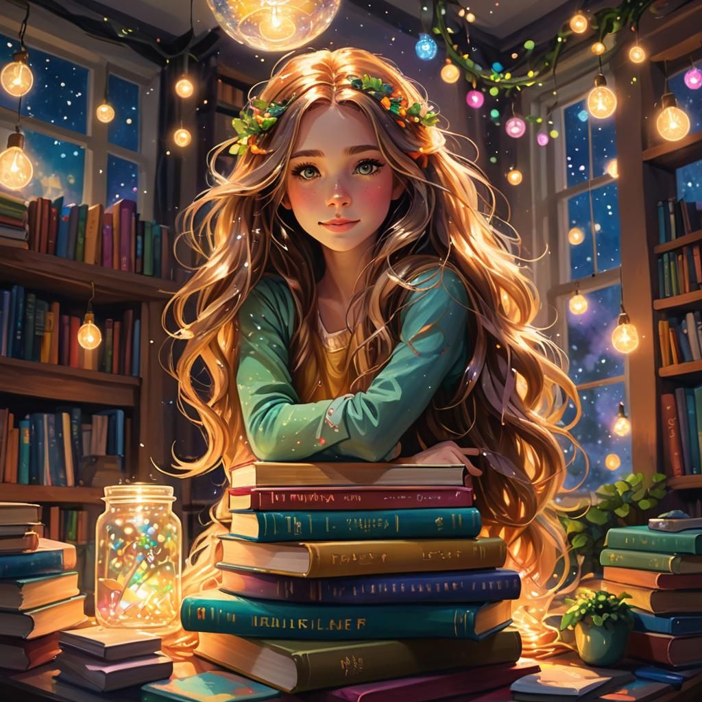 Dreamy Girl on Books, Digital Anime-Inspired Painting