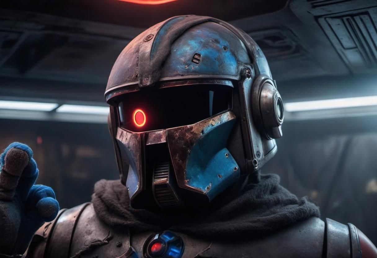 Cursed photo of a battle torn Mandalorian