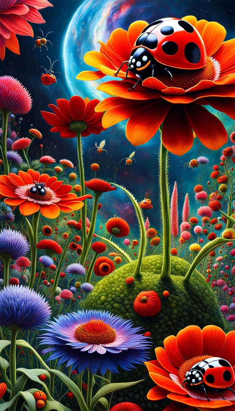 Surrealistic ladybug paradise in the style of Salvador Dali and Hieronymus Bosch