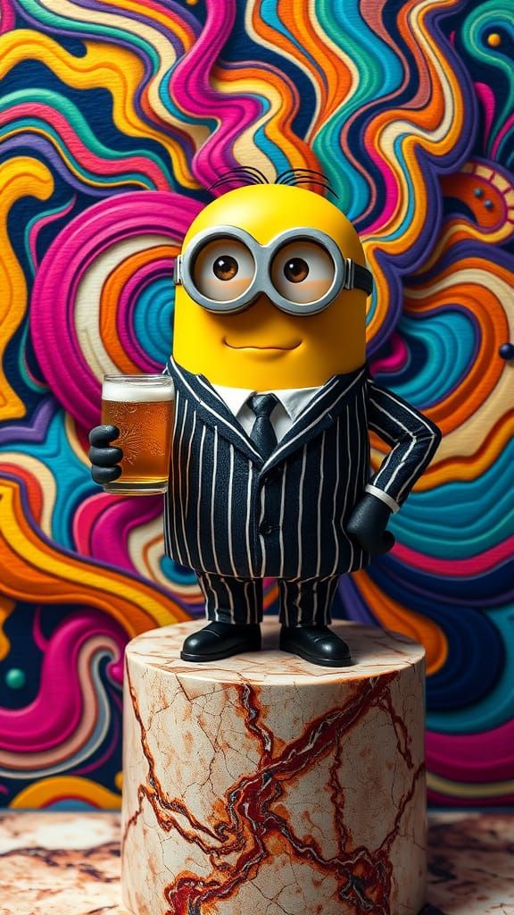 Psychedelic Minion in Pinstriped Suit Sips Beer