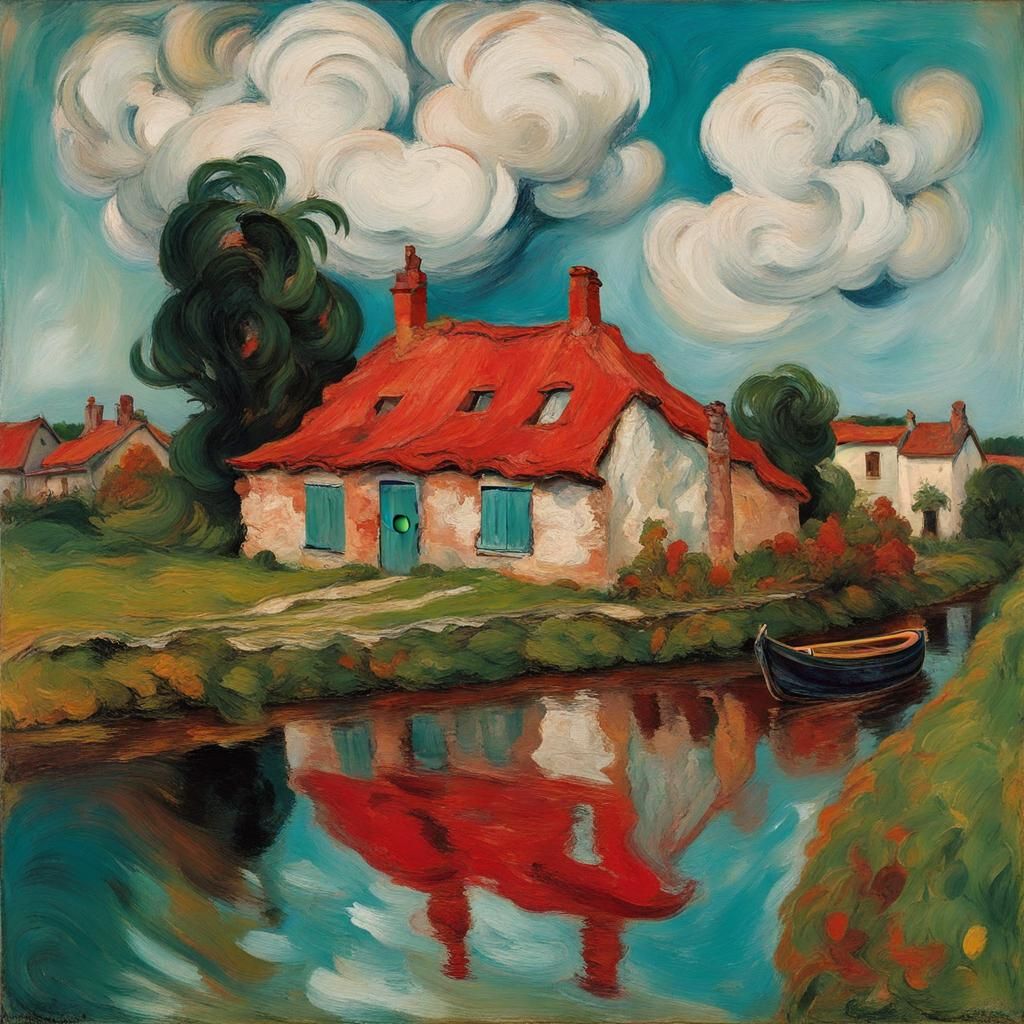 Colorful Clouds Over Canal Cottage in Expressionist Style