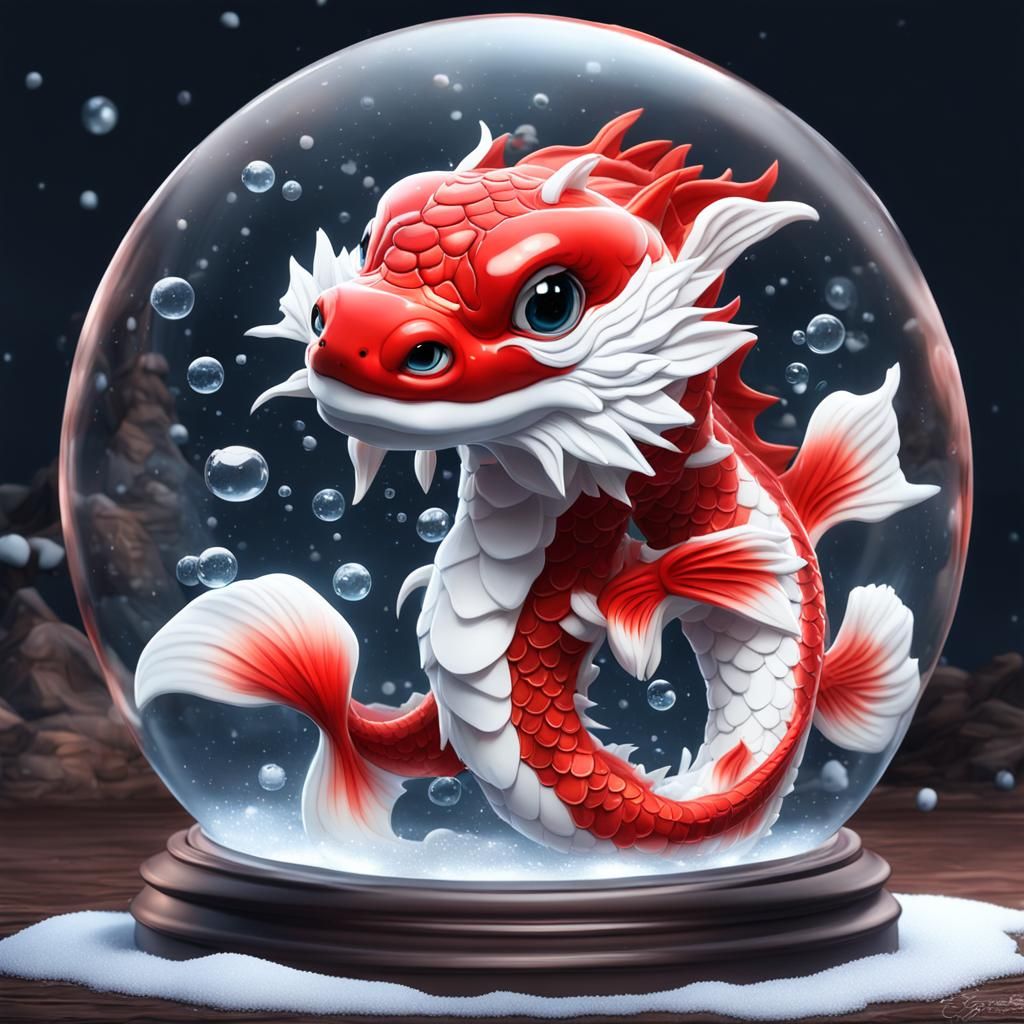 Extremely Detailed Cute Red White Koi Dragon Baby In Water inside deva snow globe, Very Big Eyes, Fantasy Art, Matte Pai...