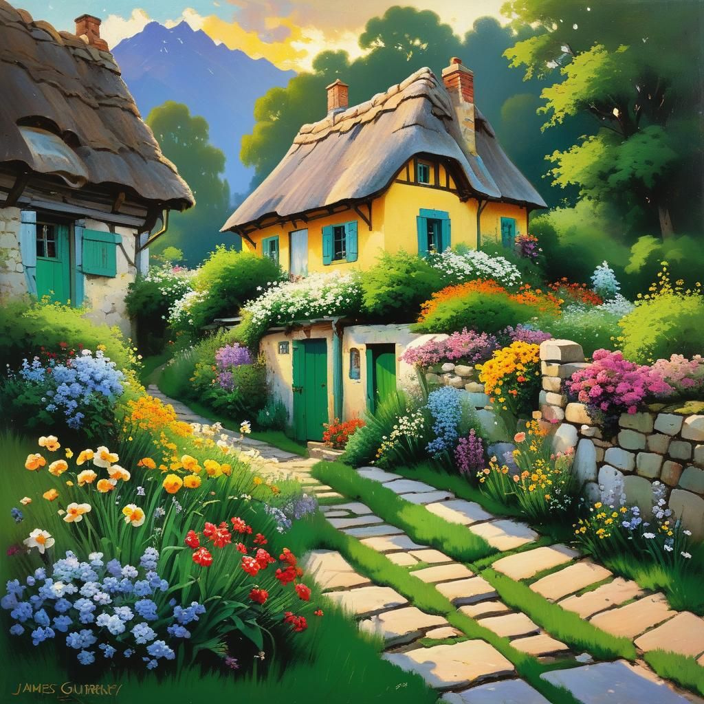Charming Cottage Landscape at Sunset