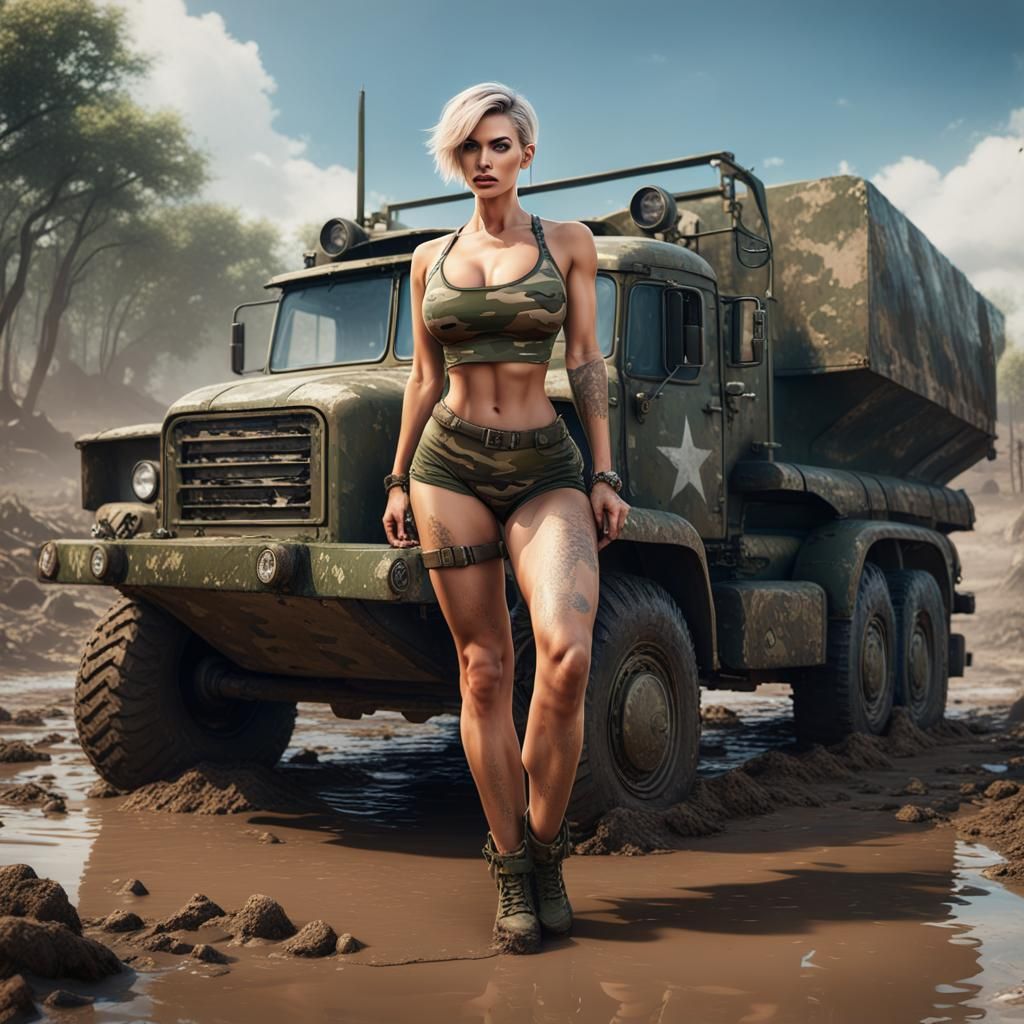 Camo Bikini Woman Lifts Truck: Detailed Digital Art