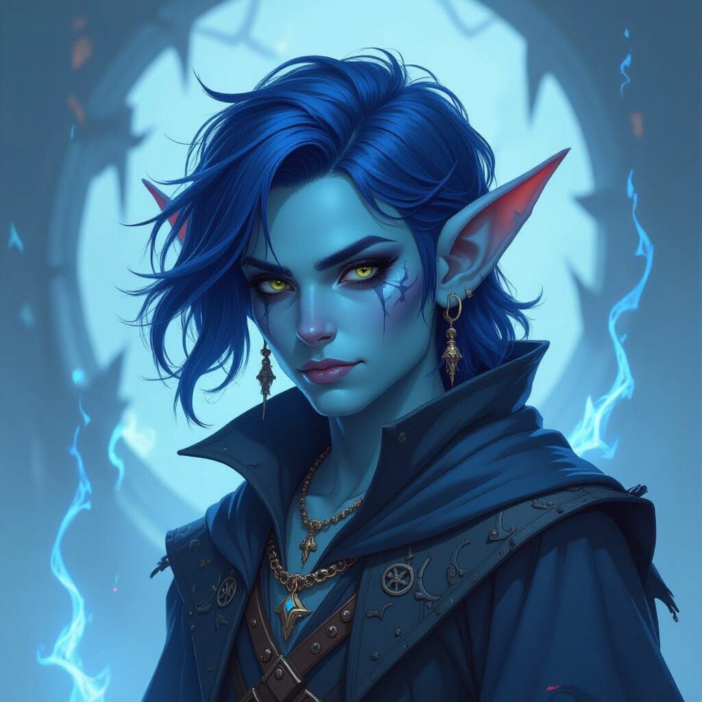 Androgynous Goblin Wizard Radiates Power in Blue