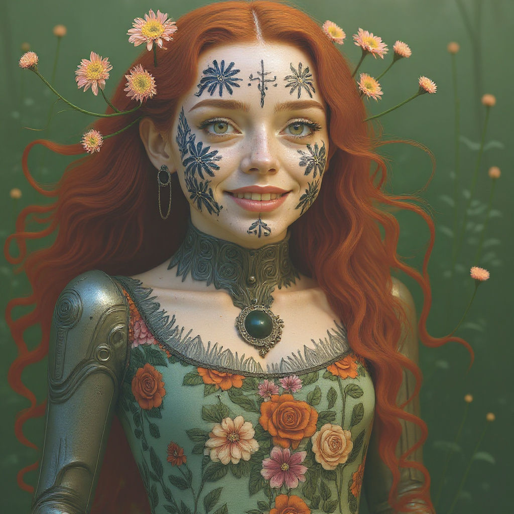 Redhead with Cybernetic Arm and Floral Adornments