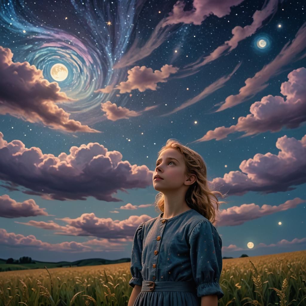 Girl Gazing at Starry Night in Van Gogh Style