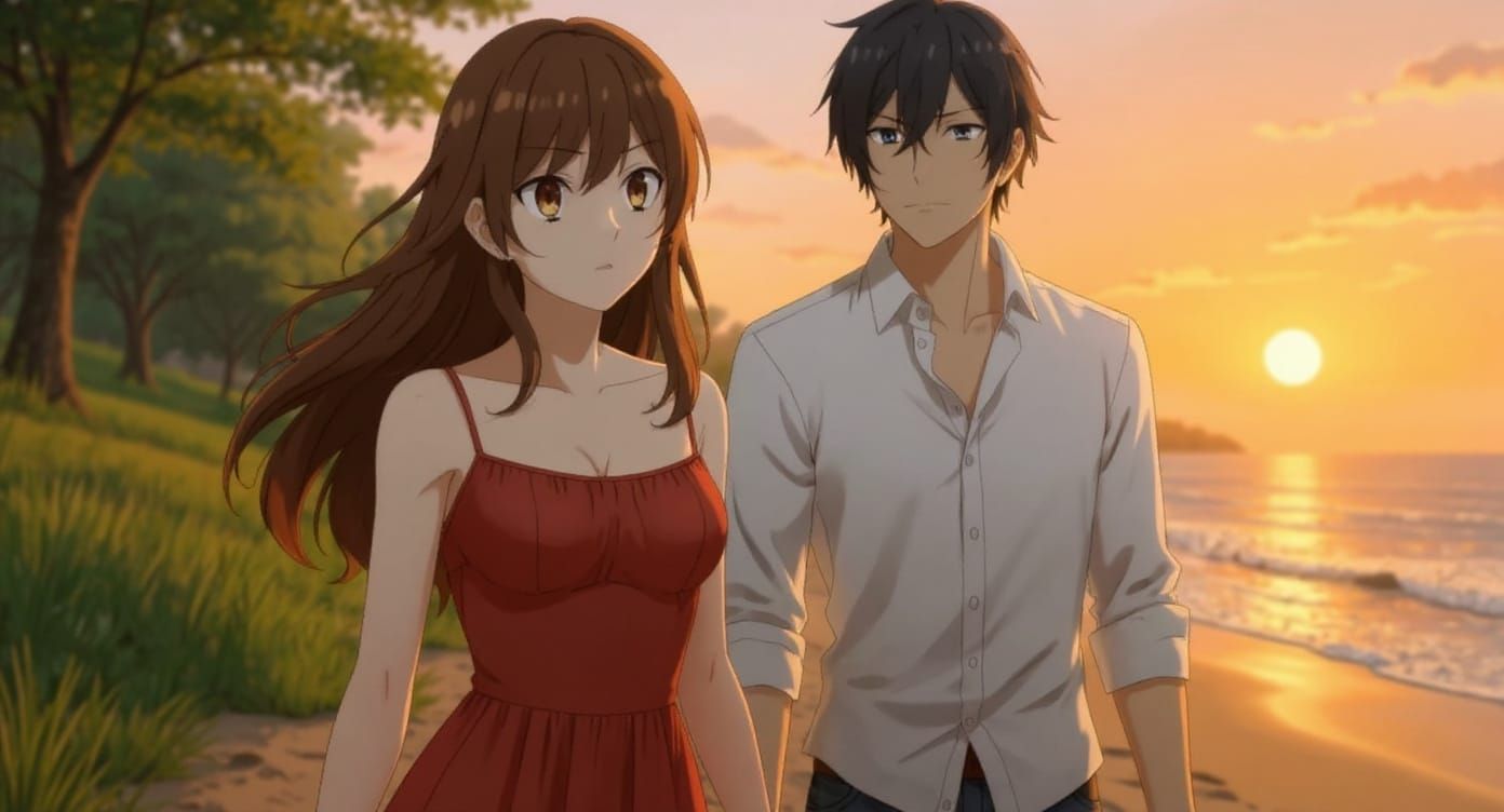 Anime Style Couple Walking on Beach at Sunset