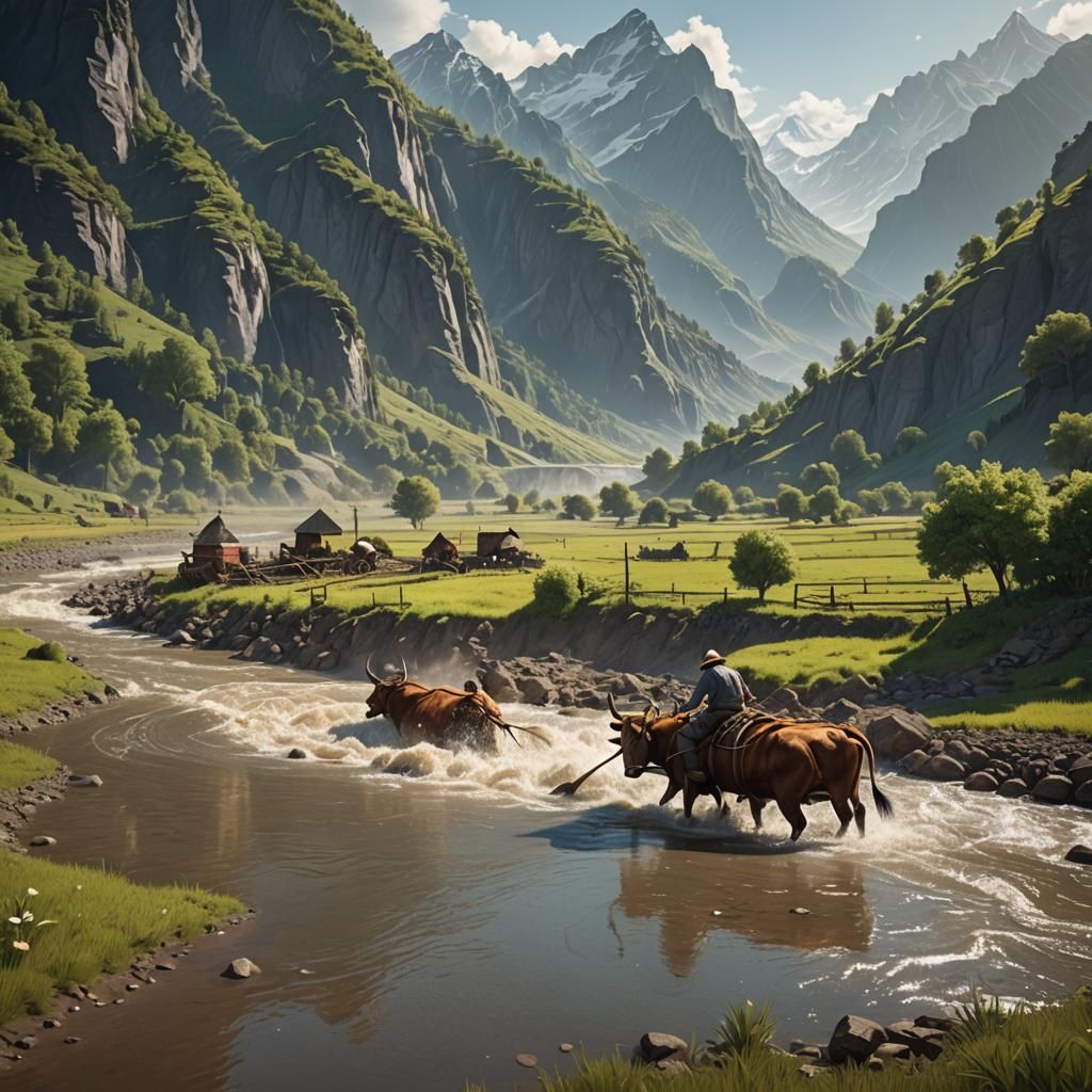 Farmer Plowing Field on Sunny Day: Matte Painting