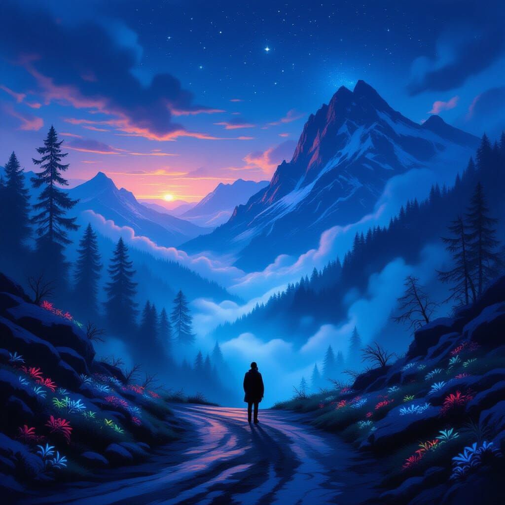 Figure at Twilight Crossroads in Luminous Forest and Starry ...