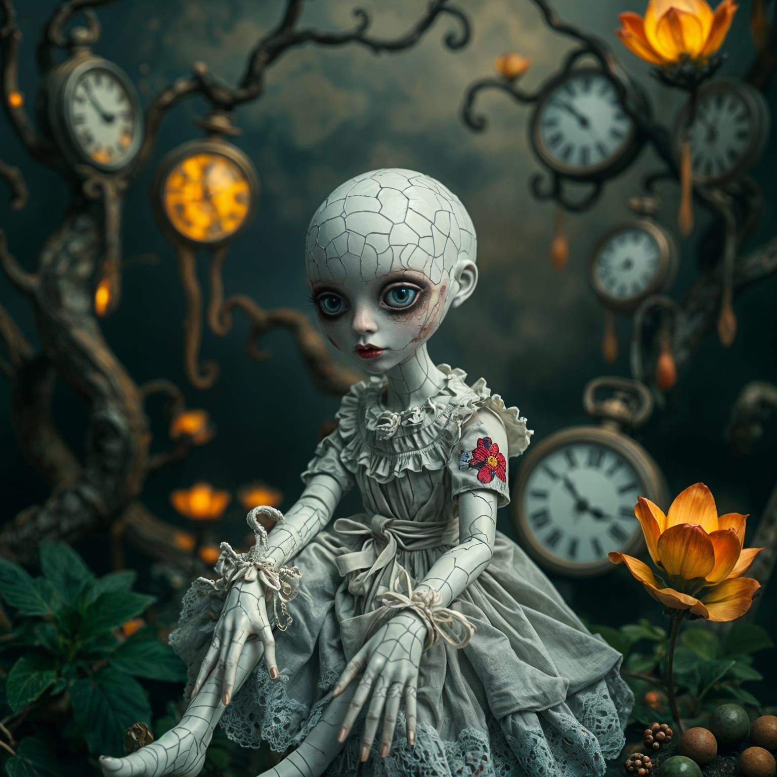 Surreal Doll in a Whimsical, Dreamlike Garden