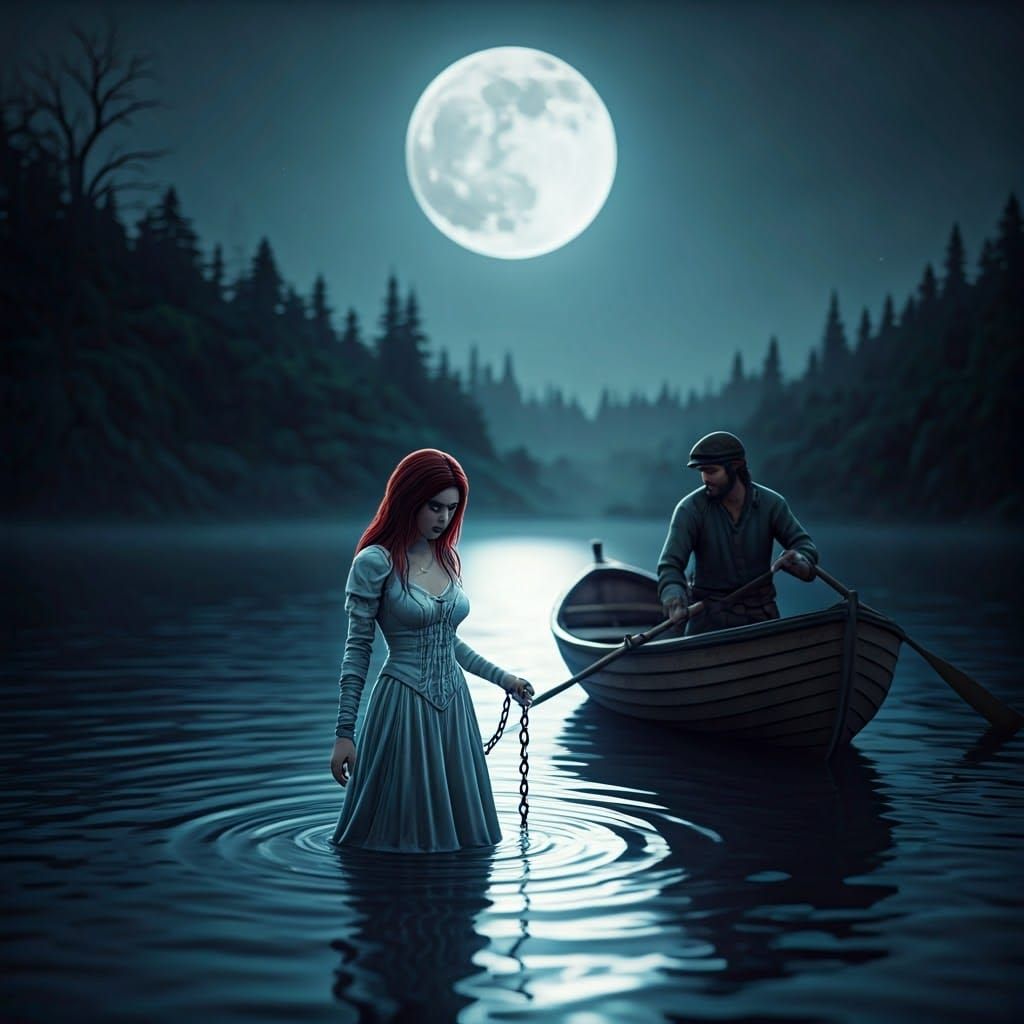 Mystical Moonlit Night: Woman and the Iron Chain