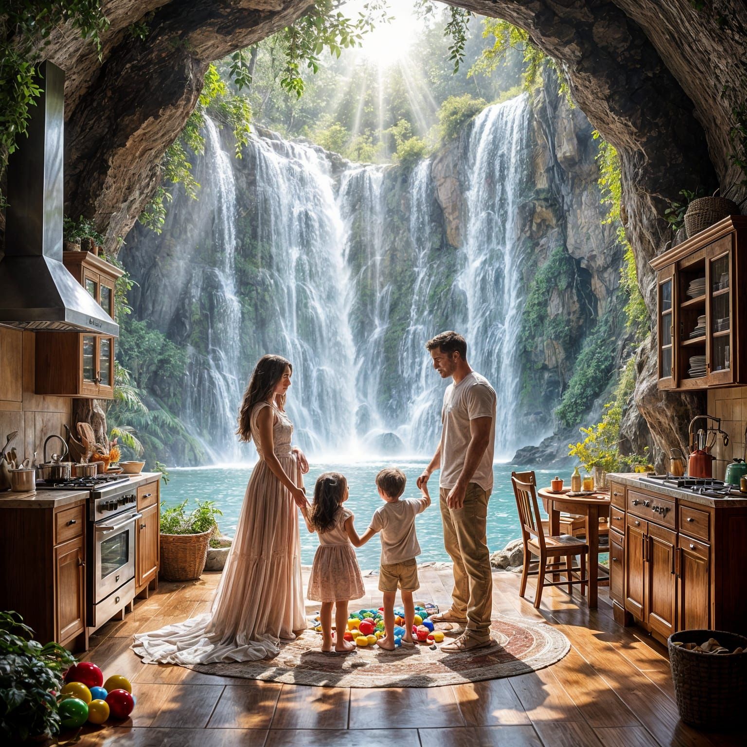 Family's Secret Waterfall Home in Hyperrealistic Style