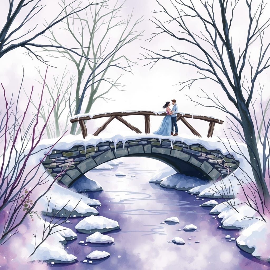 Whimsical Winter Bridge Scene in Soft Watercolor Hues