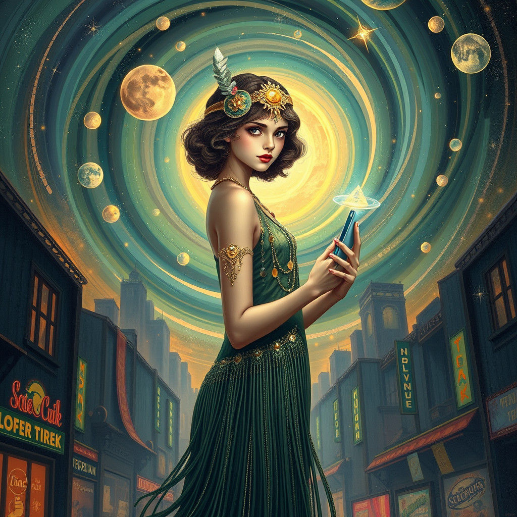 Mystical Flapper Girl with iPhone in 1920s Style