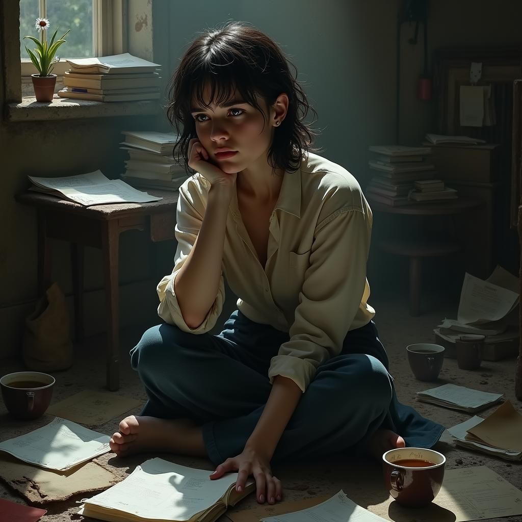 Introspective Woman in Neoclassical Digital Art