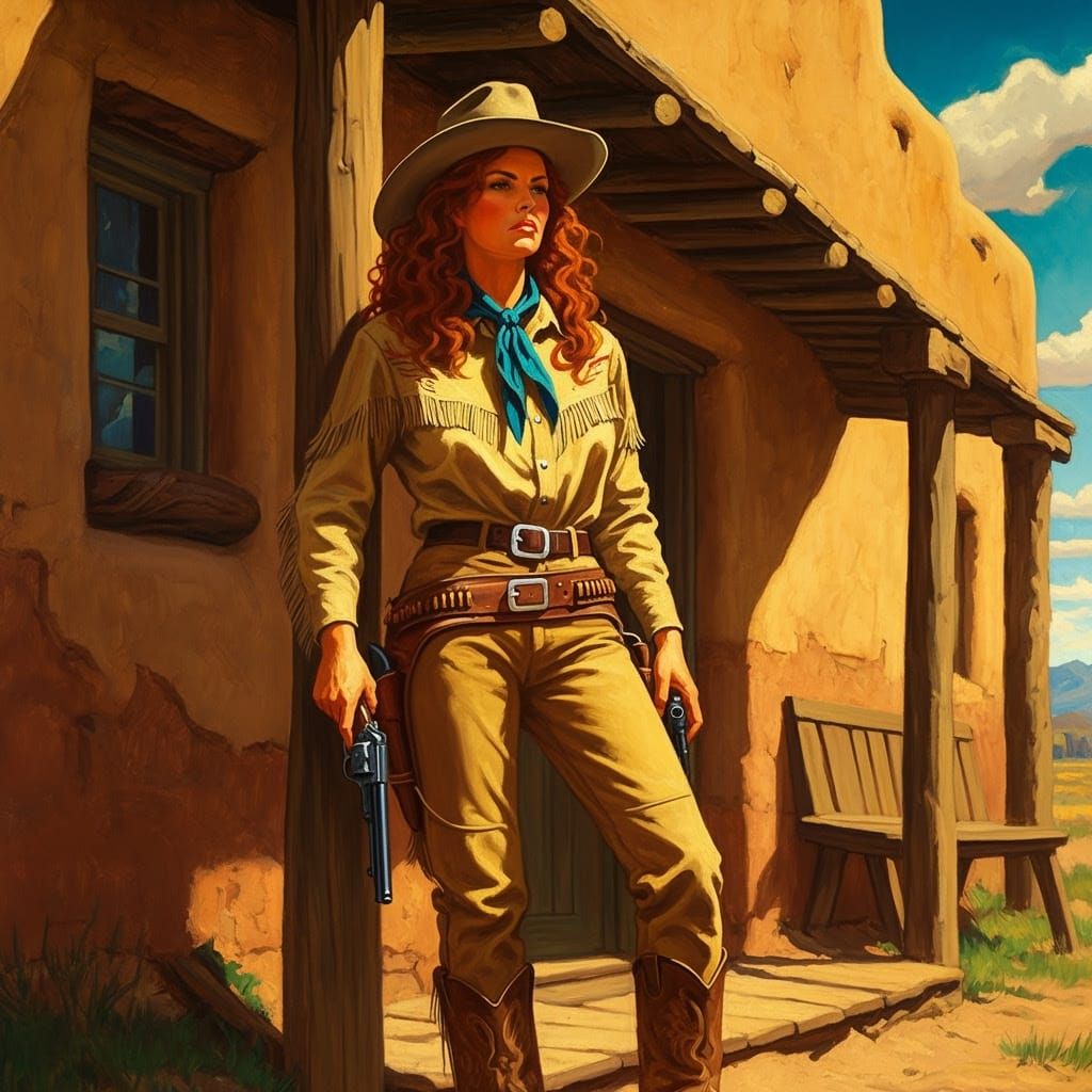 Cowgirl with Colt Six-Shooter: Oil Painting