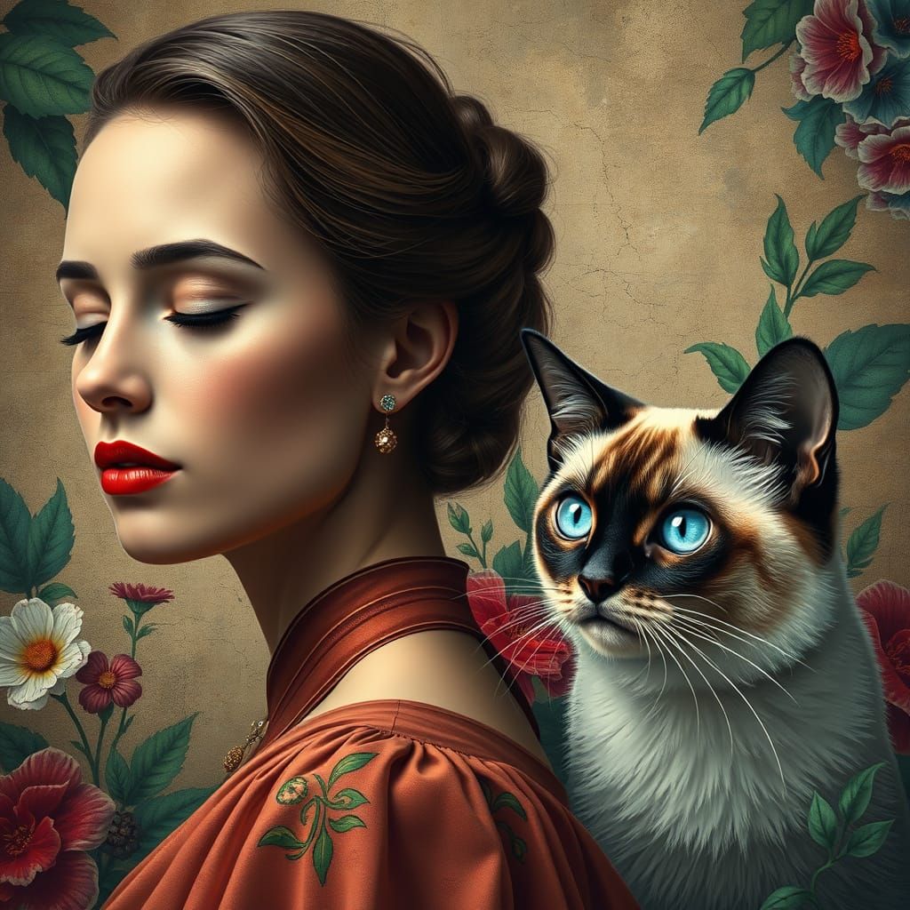 Woman, Cat, and Flowers in Rutkowski-Mucha Style