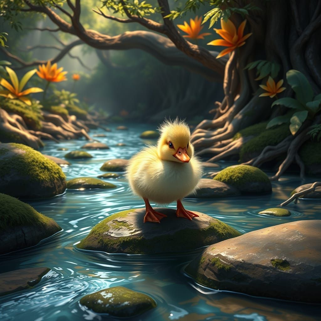 Whimsical Fantasy Duck Embarks on Rockhopping Adventure