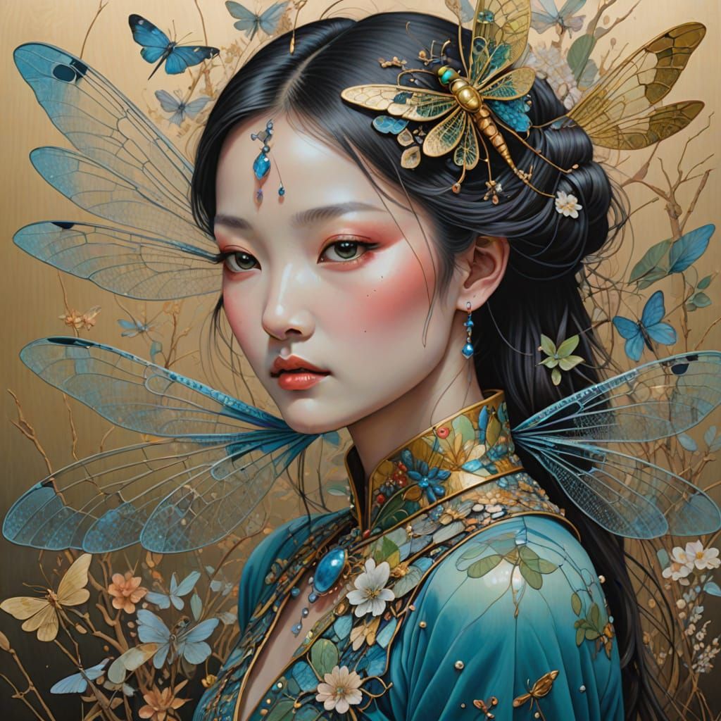 Exotic Dragonfly with Jewel Wings in Surreal Acrylic Style