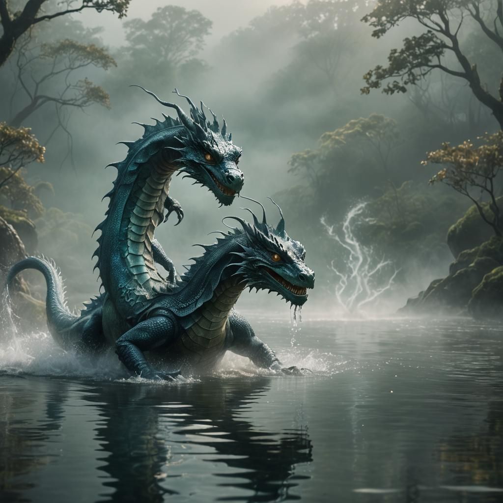 Majestic Water Dragon Emerges from Mystical Lake