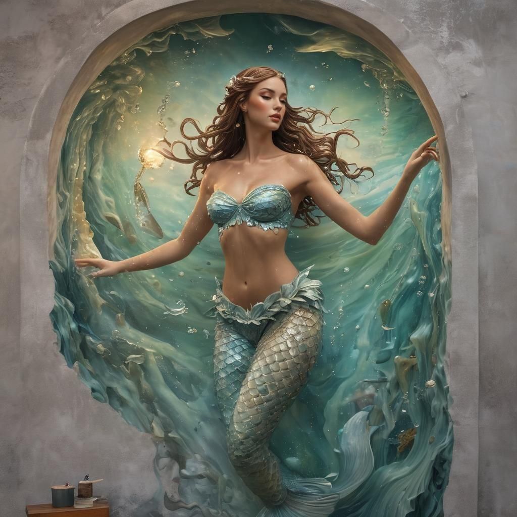 Surreal Mermaid Extends From Mural into Real World