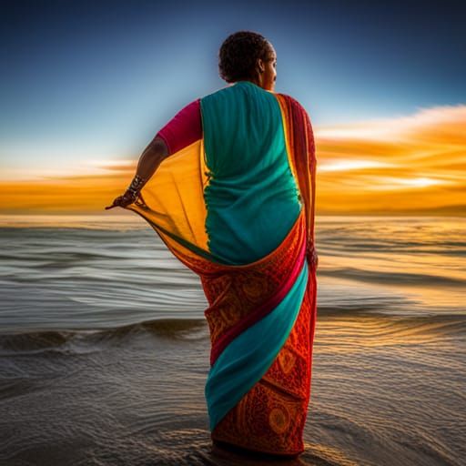Indian Woman in Sari: Seascape Long Exposure