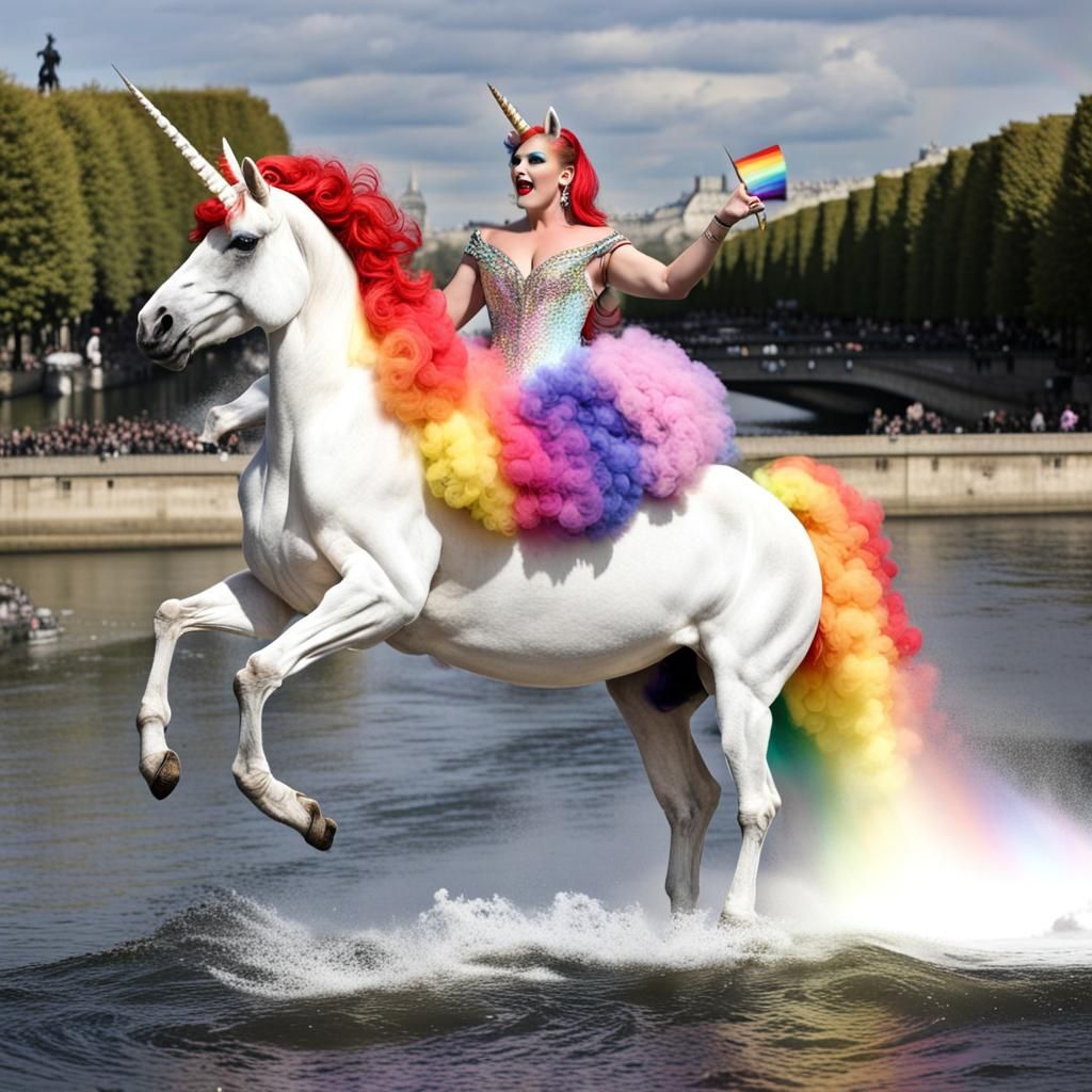 Drag Queen Rides Rainbow-Farting Unicorn in Paris