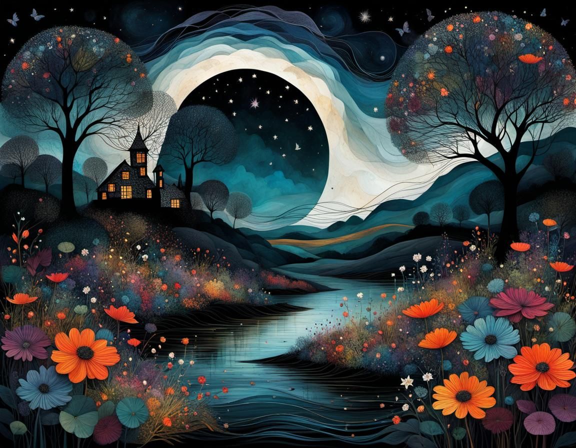 Magical Rendezvous Under Stars: Whimsical Illustration