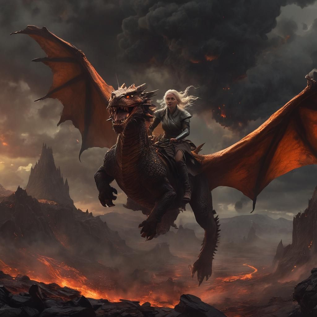 Daenerys Targaryen Rides Dragon in Fantasy Landscape