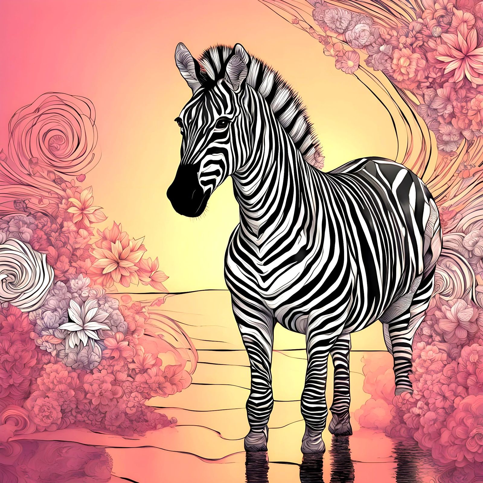 Elegant Girl Strolls Beside Black and White Zebra on Sunrise...