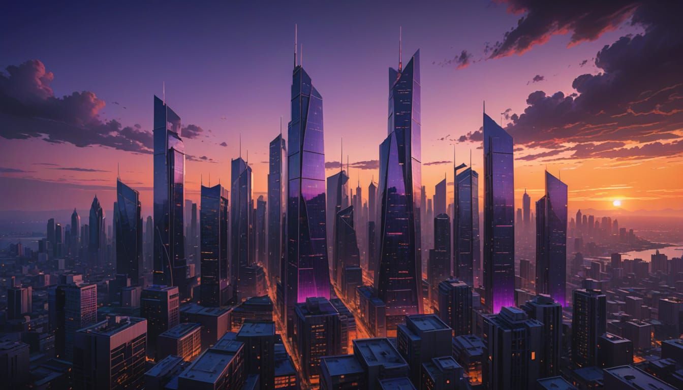 Dramatic Sunset Cityscape in Comic Book Style