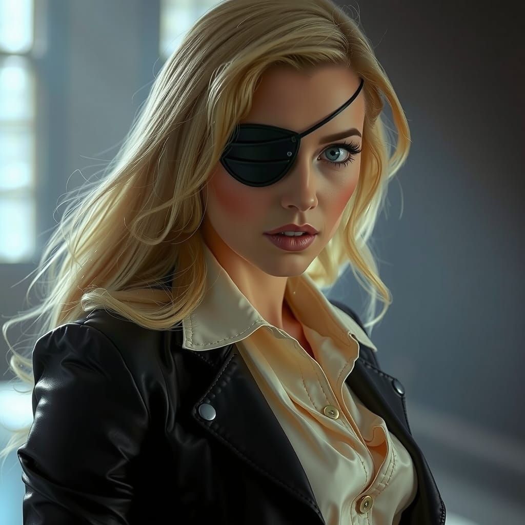 Middle-Aged Blonde Woman in Leather Outfit, Hyperrealistic