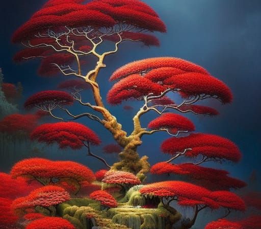 Red Bonsai Tree Overgrown with Lightning