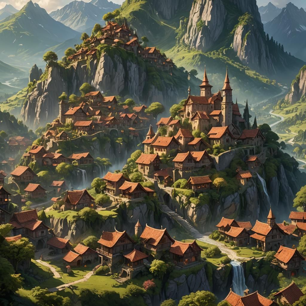Mountain Village Fantasy Art in Cinematic Style