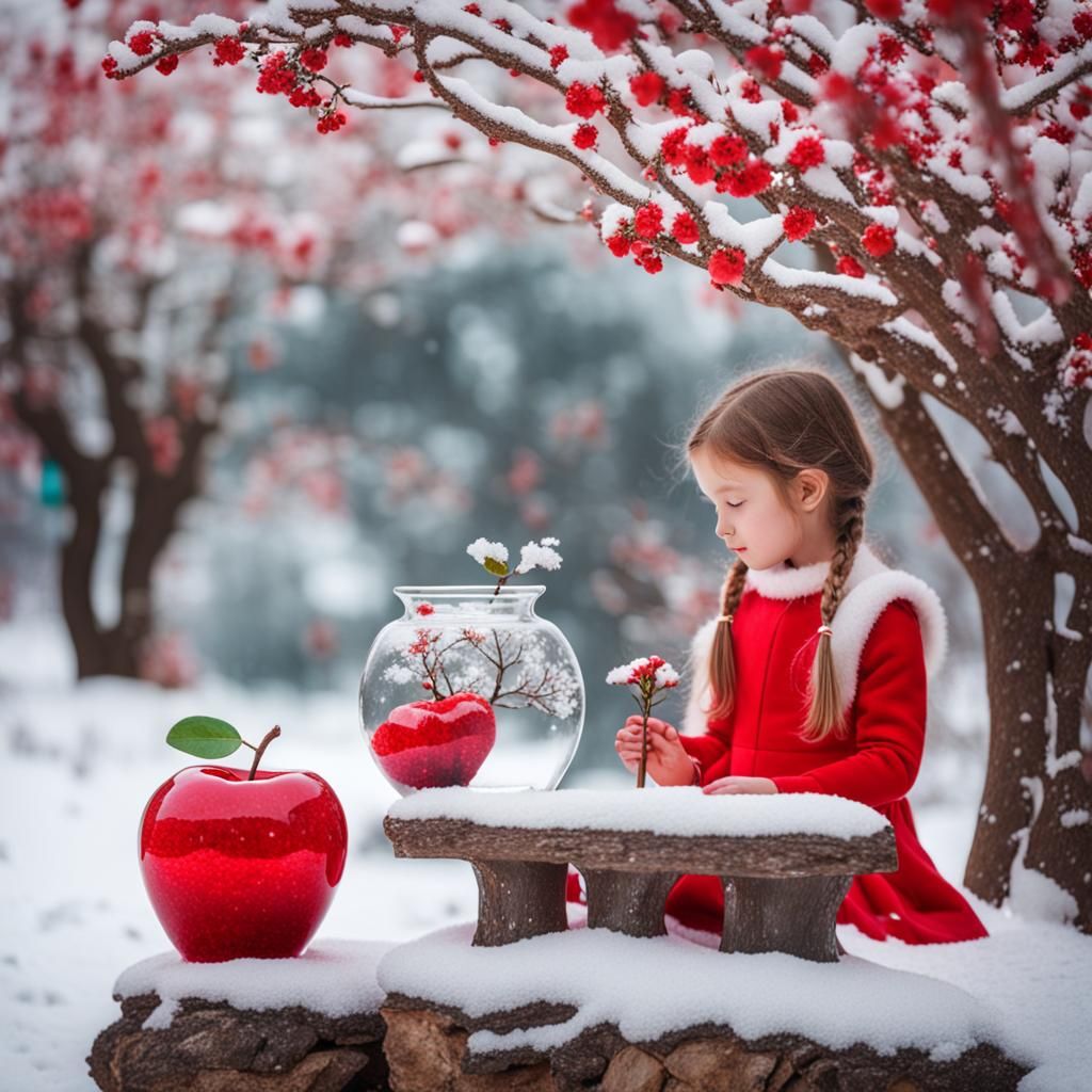 Apple Vase with Jade Stones in Winter Scene