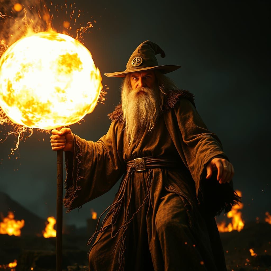 Epic Wizard Unleashes Blazing Fireball in Cinematic Scene